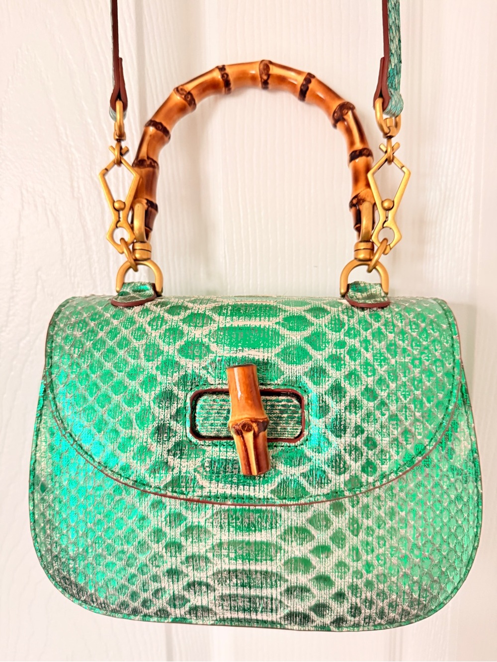 Green Snakeskin Bamboo-Handle Shoulder Bag